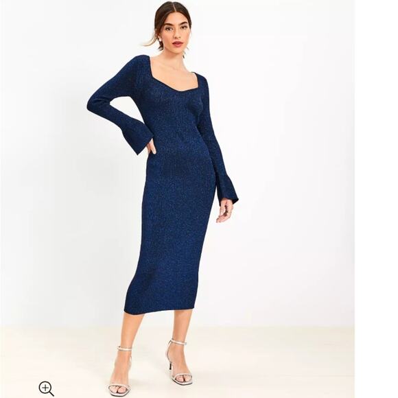 Loft Ribbed Trumpet Sleeve Midi Sweater Dress Size large NWT Glitter Metallic - Picture 1 of 6